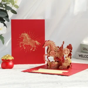 Home 3d horse pop up card | chinese new year red gold greeting card