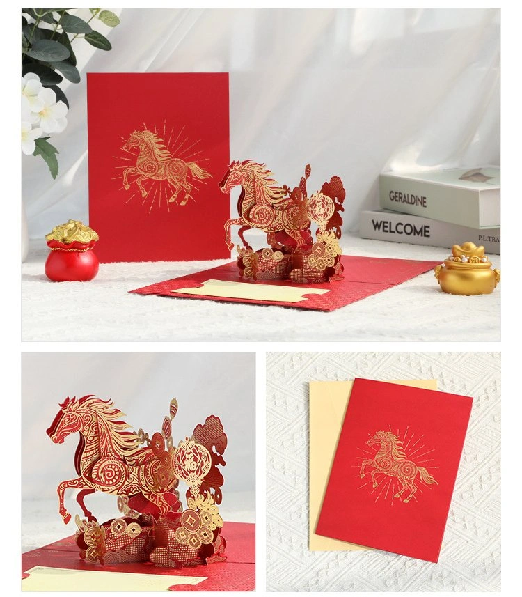 3D Horse Pop Up Card | Red Gold New Year Greeting Card 3d horse pop up card | chinese new year red gold greeting card